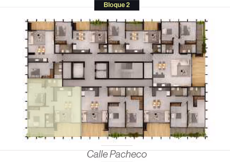 Plano arquitectónico del Bloque 2 con varias unidades de departamentos, mostrando distribuciones internas y balcones.
