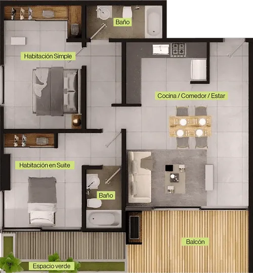 Plano de departamento con habitación simple, habitación en suite, dos baños, cocina/comedor/estar, balcón y espacio verde.