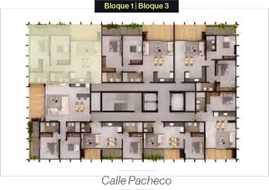Plano de planta de un edificio residencial con múltiples apartamentos y áreas comunes.