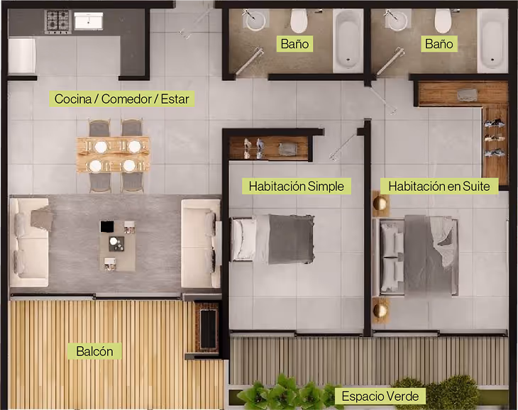 Plano de departamento con cocina, comedor, estar, dos baños, habitación simple, habitación en suite, balcón y espacio verde.