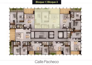 Plano de planta arquitectónica de un edificio residencial con múltiples apartamentos y áreas comunes.