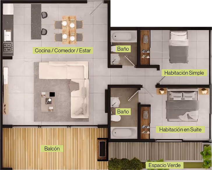 Plano superior de un apartamento con cocina/comedor/estar, dos baños, habitación simple, habitación en suite, balcón y espacio verde.