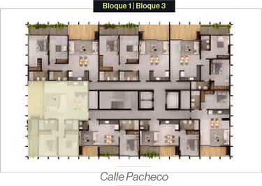 Plano arquitectónico de un nivel de departamentos con múltiples unidades y áreas comunes en el centro, resaltando el Bloque 1 y Bloque 3 en la parte superior.