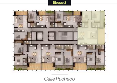 Plano de planta del Bloque 2 mostrando varias unidades residenciales con habitaciones y áreas comunes.