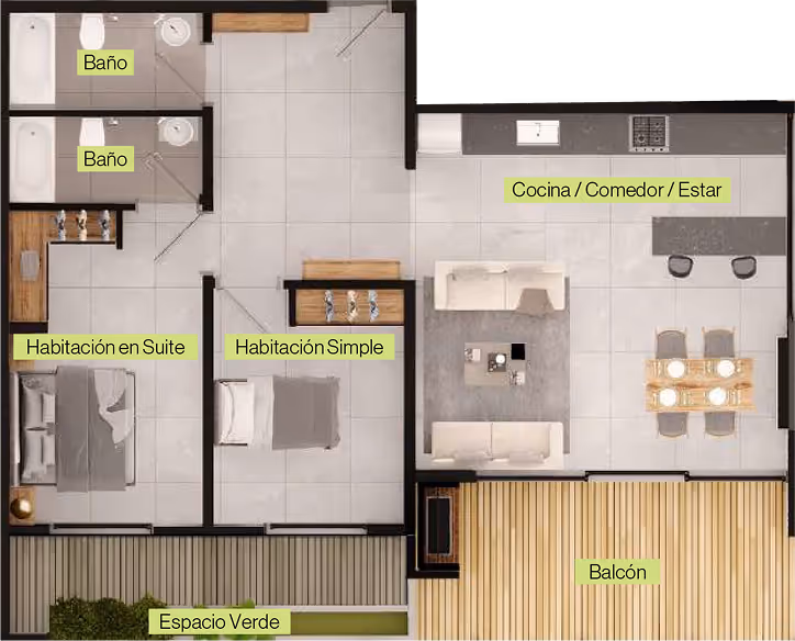 Plano de departamento con cocina, comedor y estar integrados, balcón amplio, dos baños, habitación en suite, habitación simple y espacio verde.