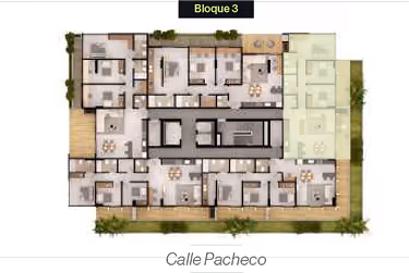 Plano arquitectónico del Bloque 3 con varias unidades de habitaciones, áreas comunes y pasillos, rodeado de áreas verdes.