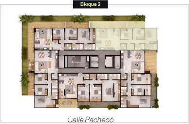 Plano arquitectónico del segundo bloque de un edificio con distribuciones de departamentos y pasillos, ubicado en Calle Pacheco.