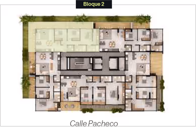 Plano de planta arquitectónica del Bloque 2 con áreas de apartamentos y pasillos, mostrando distribución interior y zona verde alrededor.