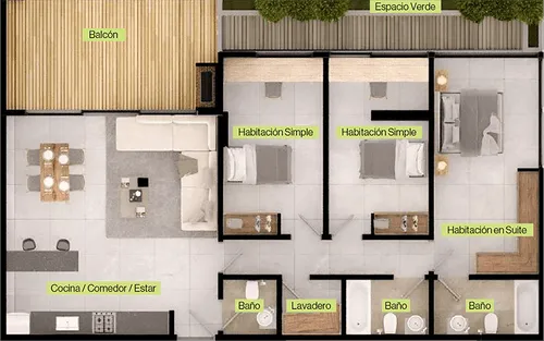 Plano de un apartamento con balcón, cocina/comedor/estar, dos habitaciones simples, una habitación en suite, lavadero, tres baños y espacio verde.