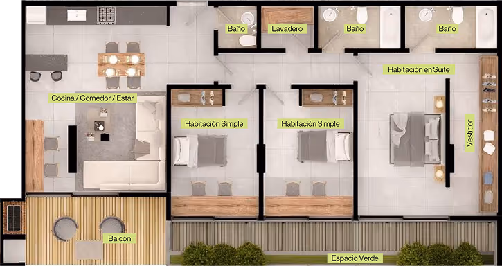 Plano de apartamento con cocina/comedor/estar, balcón, dos habitaciones simples, habitación en suite con vestidor, tres baños, lavadero y espacio verde.
