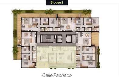 Plano arquitectónico del segundo bloque de un edificio residencial mostrando la distribución de apartamentos con áreas comunes y acceso desde la Calle Pacheco.