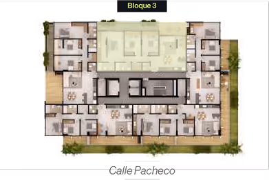 Plano arquitectónico del Bloque 3 con varias unidades de departamentos y áreas comunes, marcando la Calle Pacheco al frente.