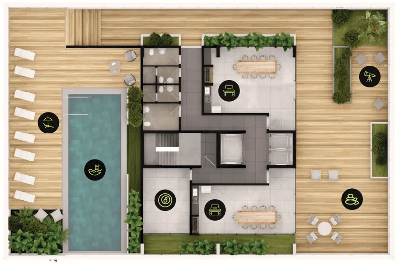 Plano superior de una terraza con piscina, área de solárium, baños, dos comedores con cocina, zona de jardín y un sector con telescopio y sillas al aire libre.