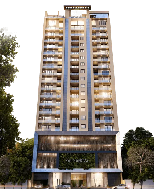 Edificio moderno de apartamentos de varios pisos con balcones iluminados, nombre Palmanova visible en la entrada principal.
