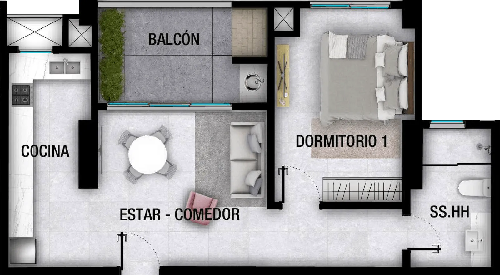 Plano de departamento con cocina, estar-comedor con mesa redonda y sofá, dormitorio principal con cama matrimonial, balcón y baño.