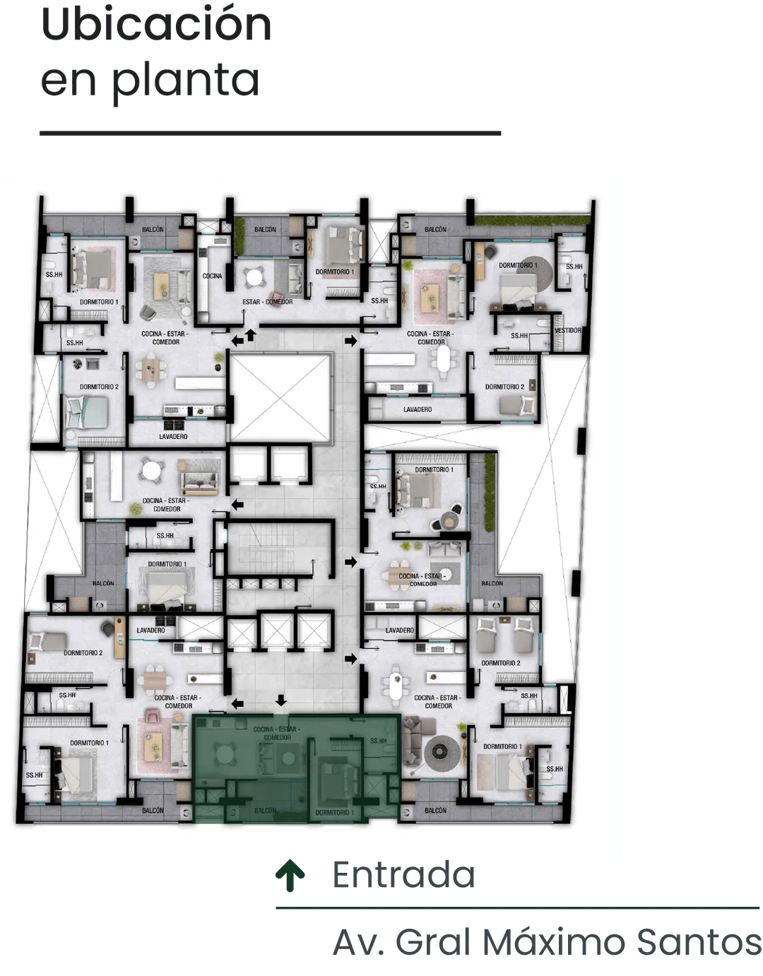 Plano detallado de departamentos con áreas de cocina, estar-comedor, dormitorios, baños y balcones, con pasillos centrales y señalización de entrada desde Av. Gral Máximo Santos.