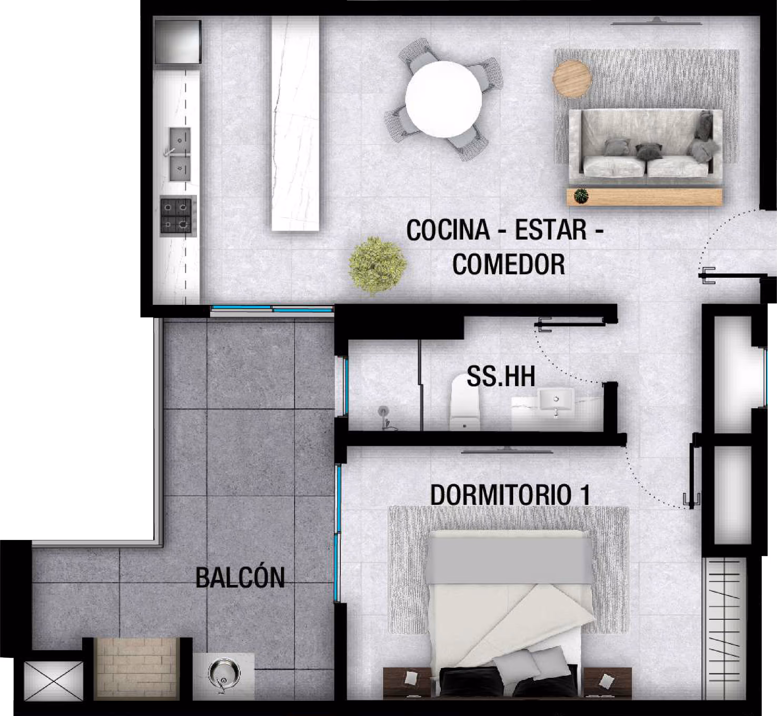 Plano arquitectónico en vista superior de un apartamento con cocina, estar, comedor, balcón, dormitorio principal y baño.