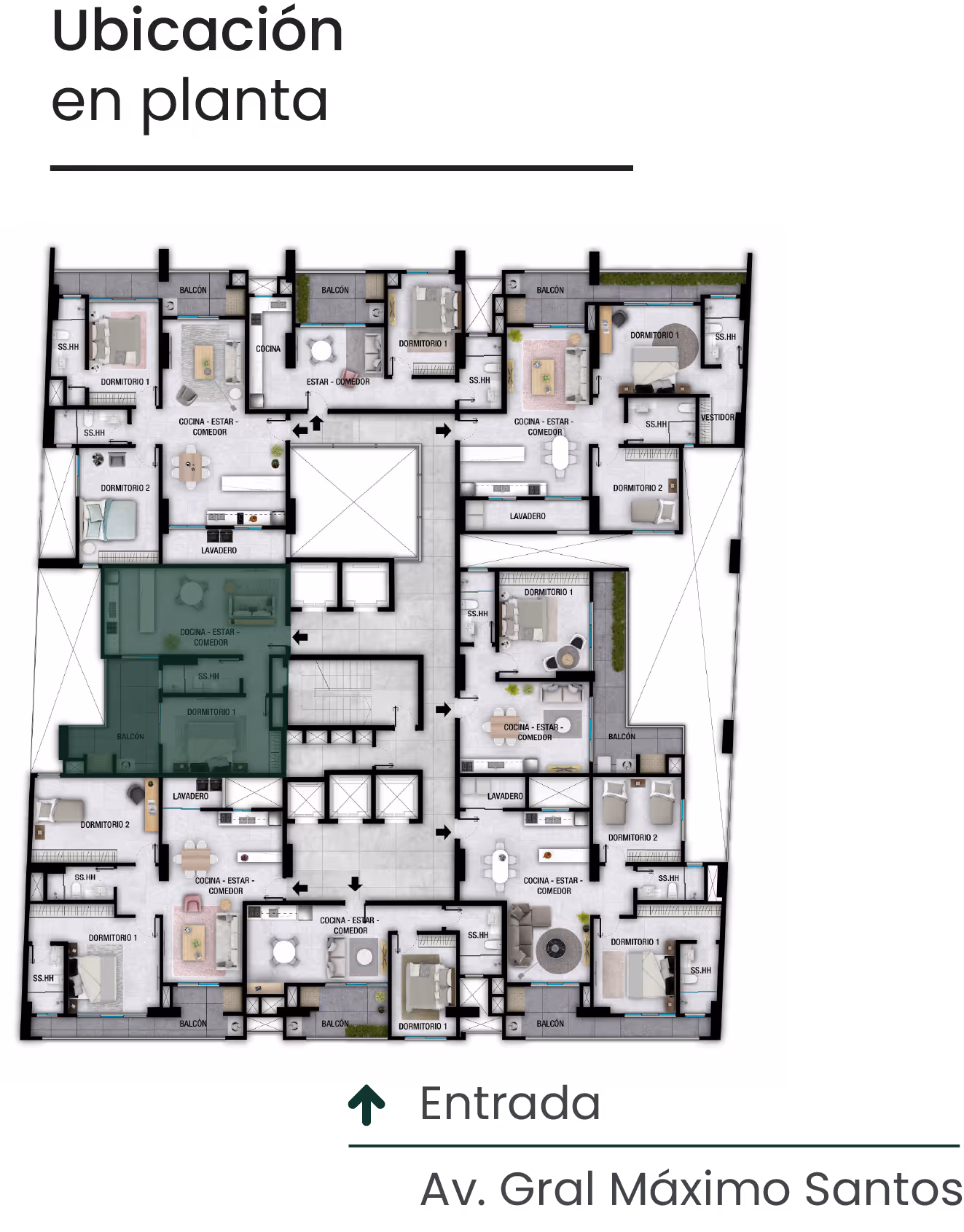 Plano de distribución de departamentos en un edificio con áreas de cocina, estar-comedor, dormitorios y balcones, e indicación de entrada desde Av. Gral Máximo Santos.