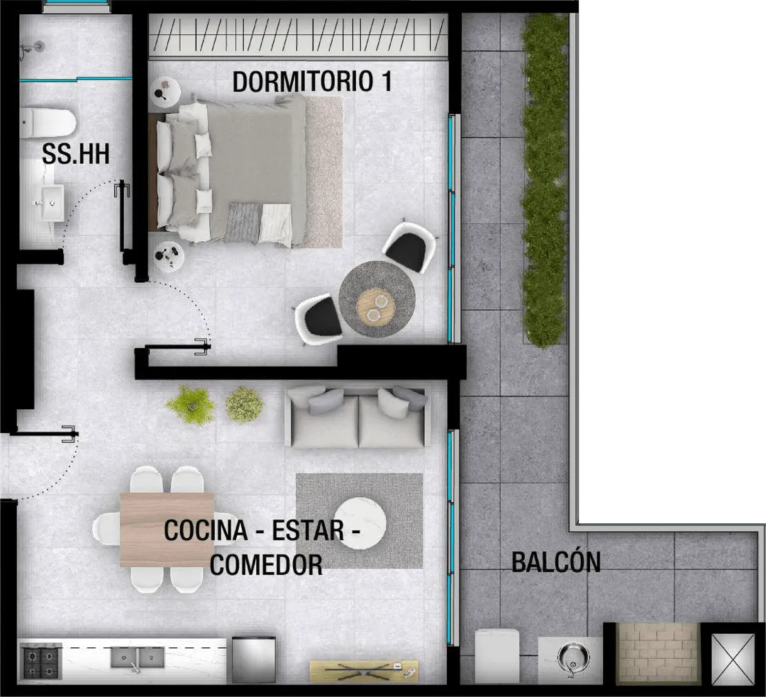Plano de departamento con dormitorio, baño, cocina-comedor-estar y balcón con áreas verdes.