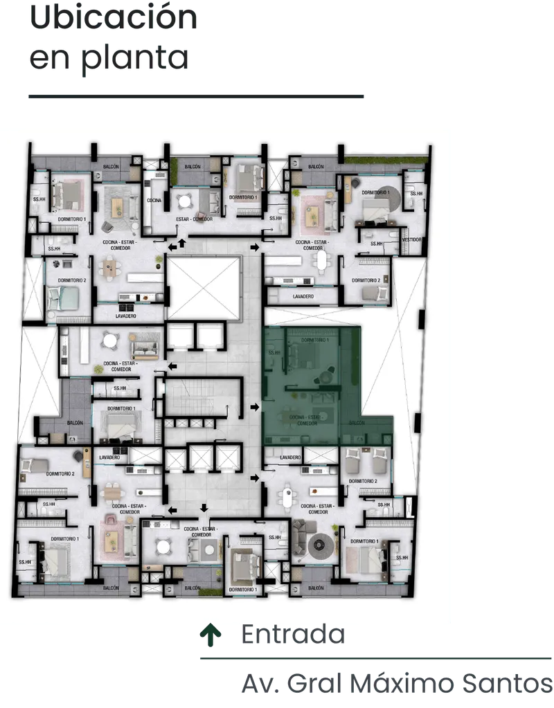 Plano de planta detallado con múltiples departamentos, mostrando habitaciones, cocinas, baños, balcones y áreas comunes en un edificio.