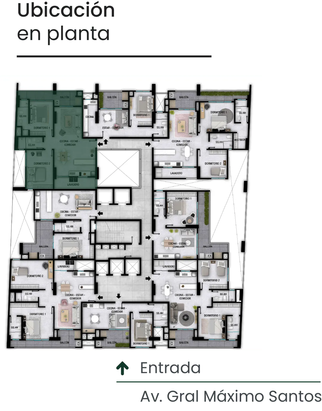 Plano de planta arquitectónica que muestra varias unidades de departamentos con habitaciones, cocinas, balcones y lavaderos, con una unidad resaltada en verde.