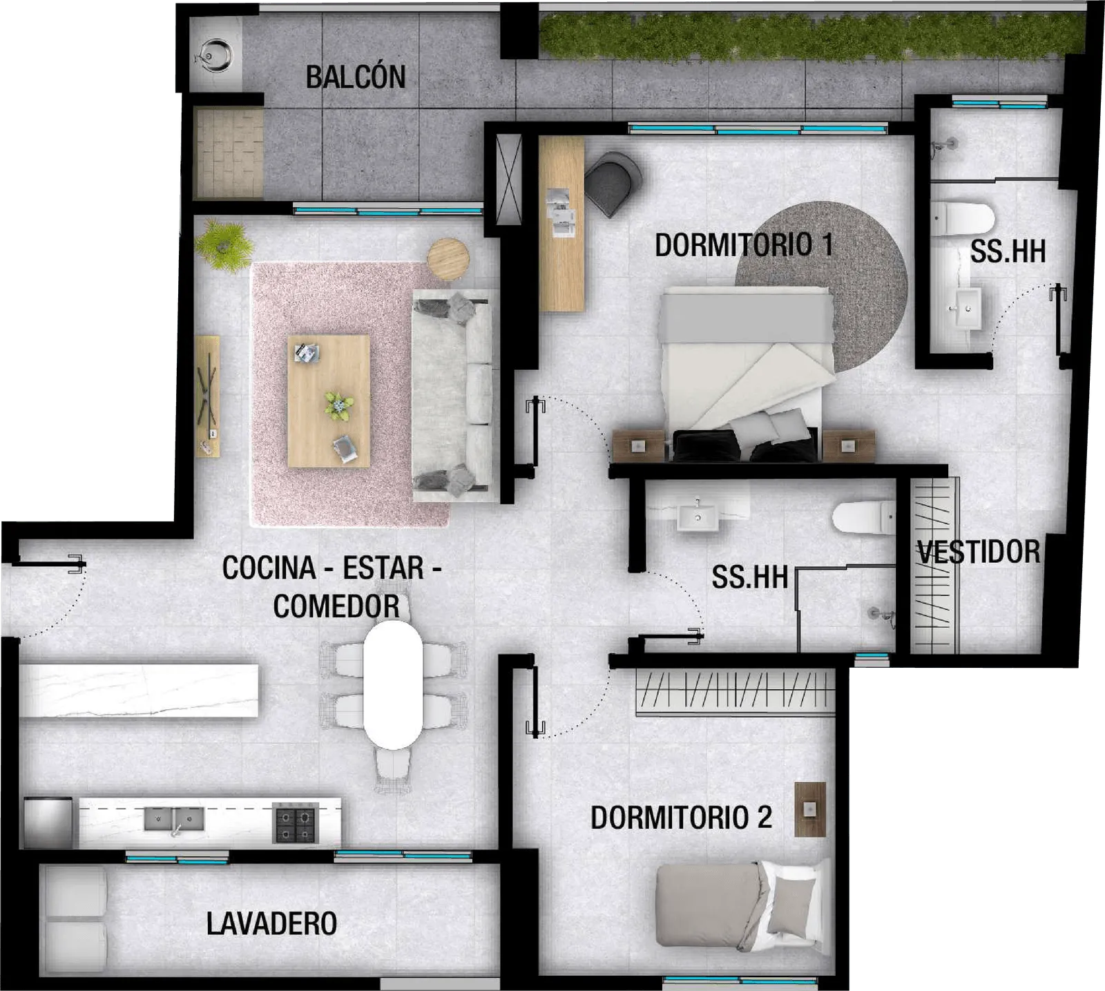 Plano de departamento con balcón, cocina-estar-comedor integrado, lavadero, dos dormitorios, dos baños y vestidor.
