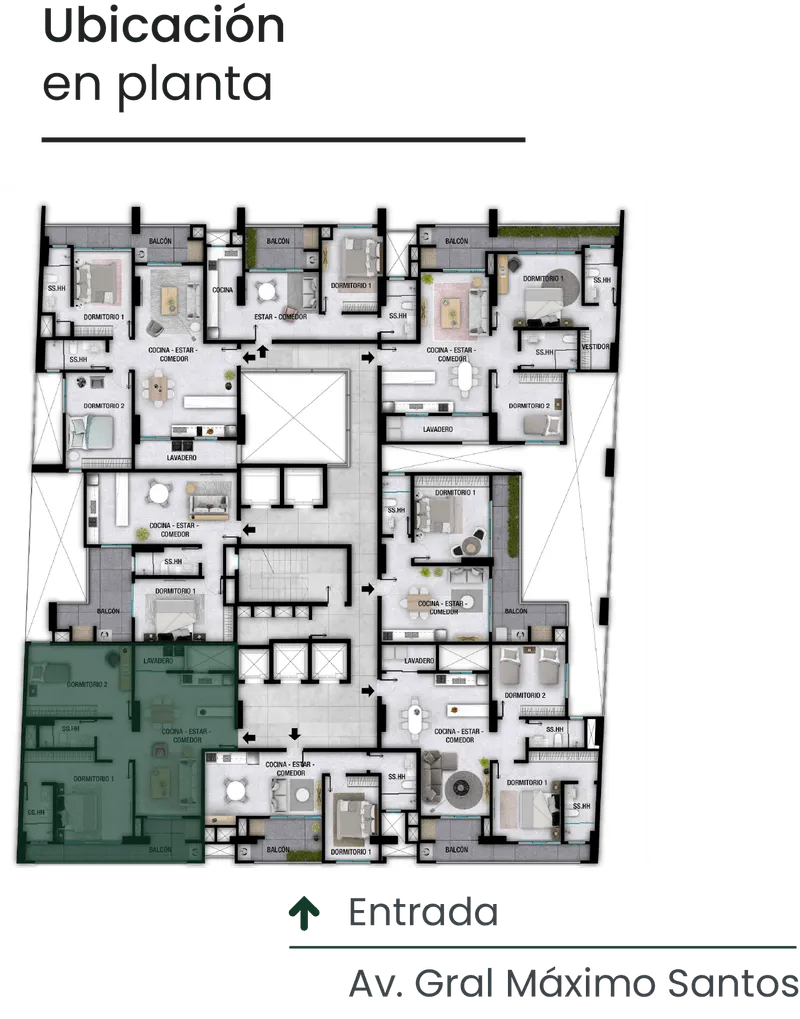 Plano de planta con múltiples departamentos, incluyendo dormitorios, cocinas, estar-comedor, lavaderos y balcones; la entrada está marcada desde Av. Gral Máximo Santos.
