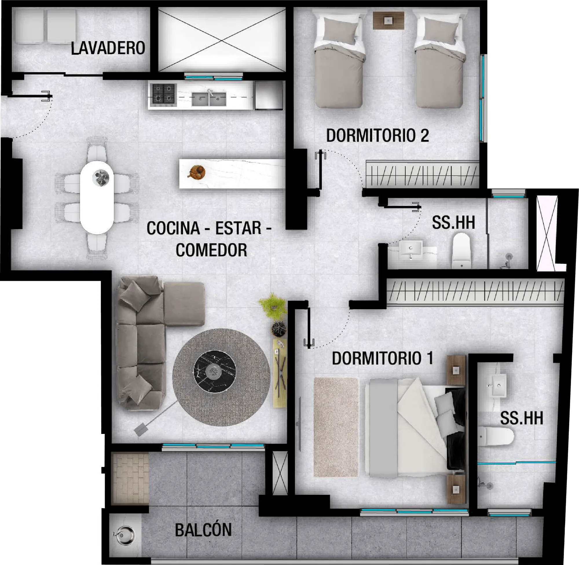 Plano de departamento con cocina-comedor-estar, lavadero, balcón, dos dormitorios y dos baños.