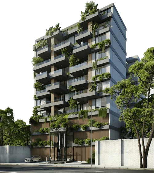 Edificio moderno de varios pisos con balcones y plantas verdes en la fachada y el techo, con un letrero que dice Palmanova.