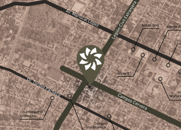 Mapa detallado en tonos sepia con marcador en la intersección de las calles Legión Civil Extranjera y Campos Cervera cerca de Av. Mariscal López.