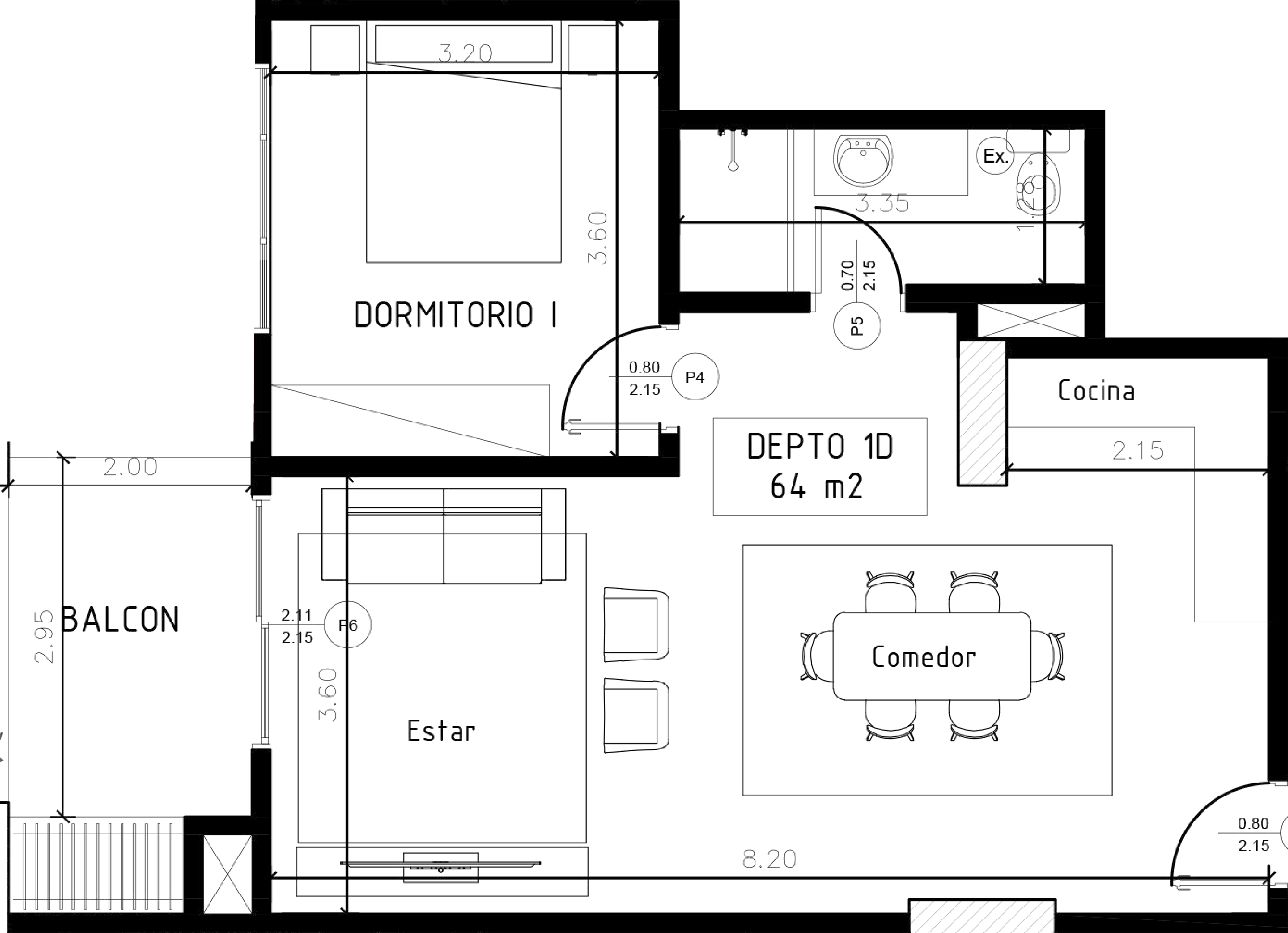 Plano arquitectónico de un departamento de 64 metros cuadrados con dormitorio, balcón, cocina, comedor y estar.