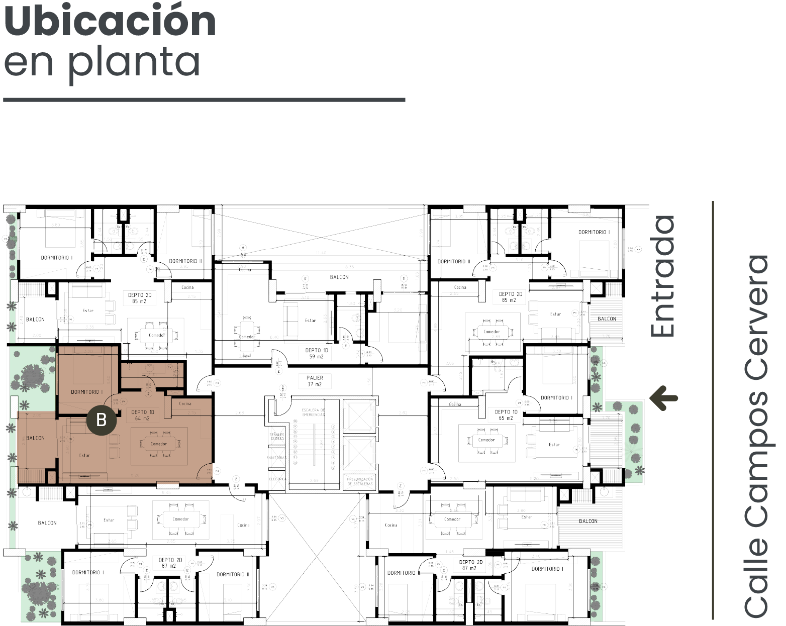 Plano de planta de un edificio con departamentos de 1 y 2 dormitorios, destacando el departamento 1D de 64 m2 en el sector B cerca del balcón.