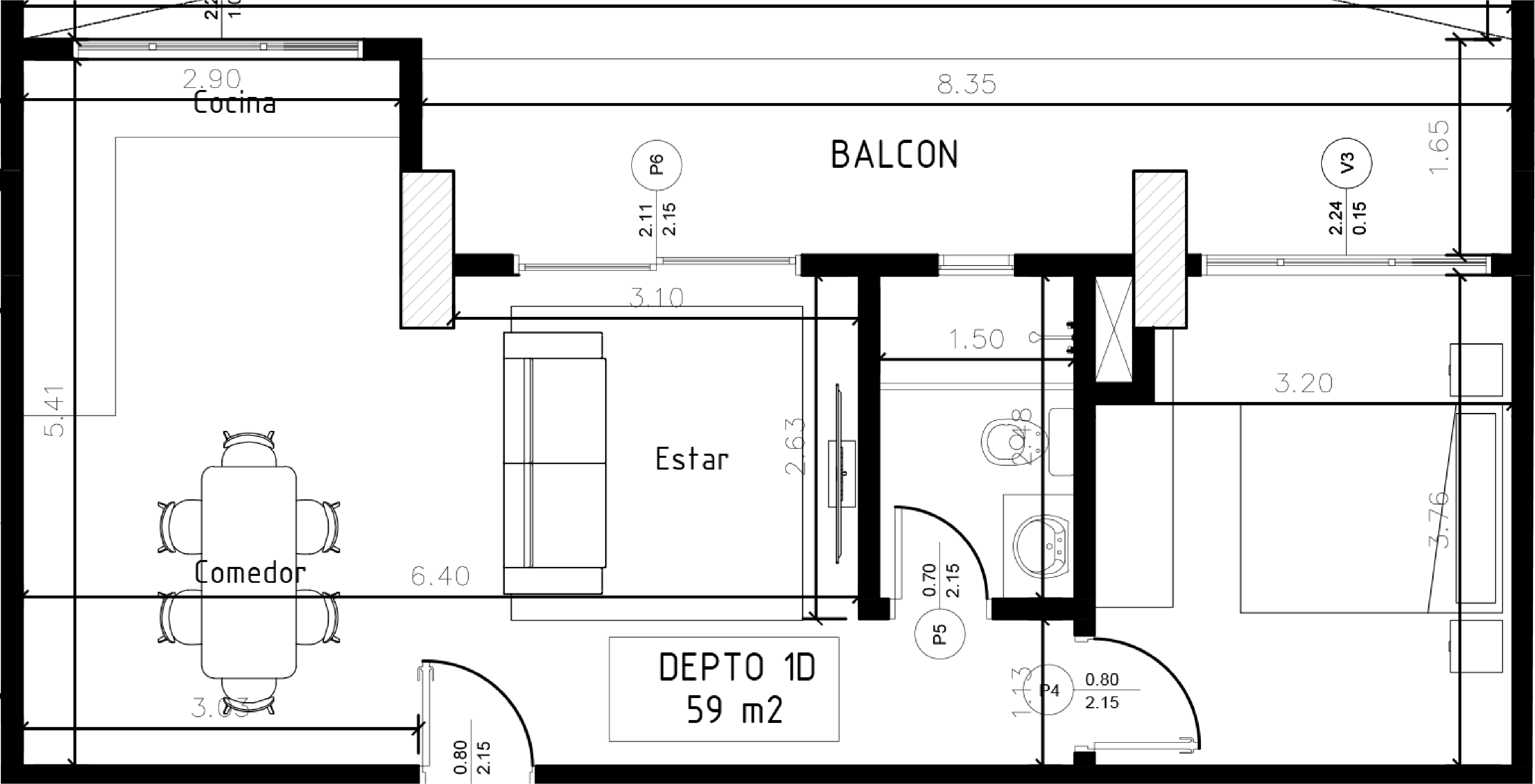 Plano de planta de una casa de dos dormitorios con sala de estar, comedor, cocina, baño y terraza.