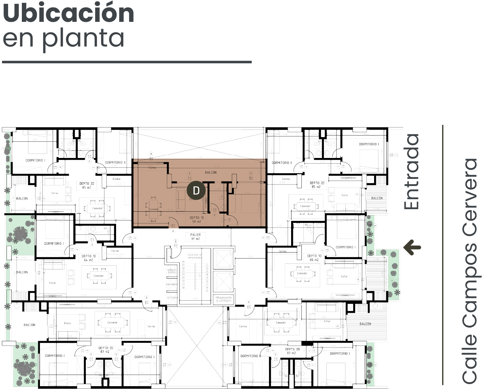 Plano arquitectónico detallado de un edificio con departamentos, mostrando dormitorios, cocinas, balcones y áreas comunes, con entrada principal señalada en Calle Campos Cervera.