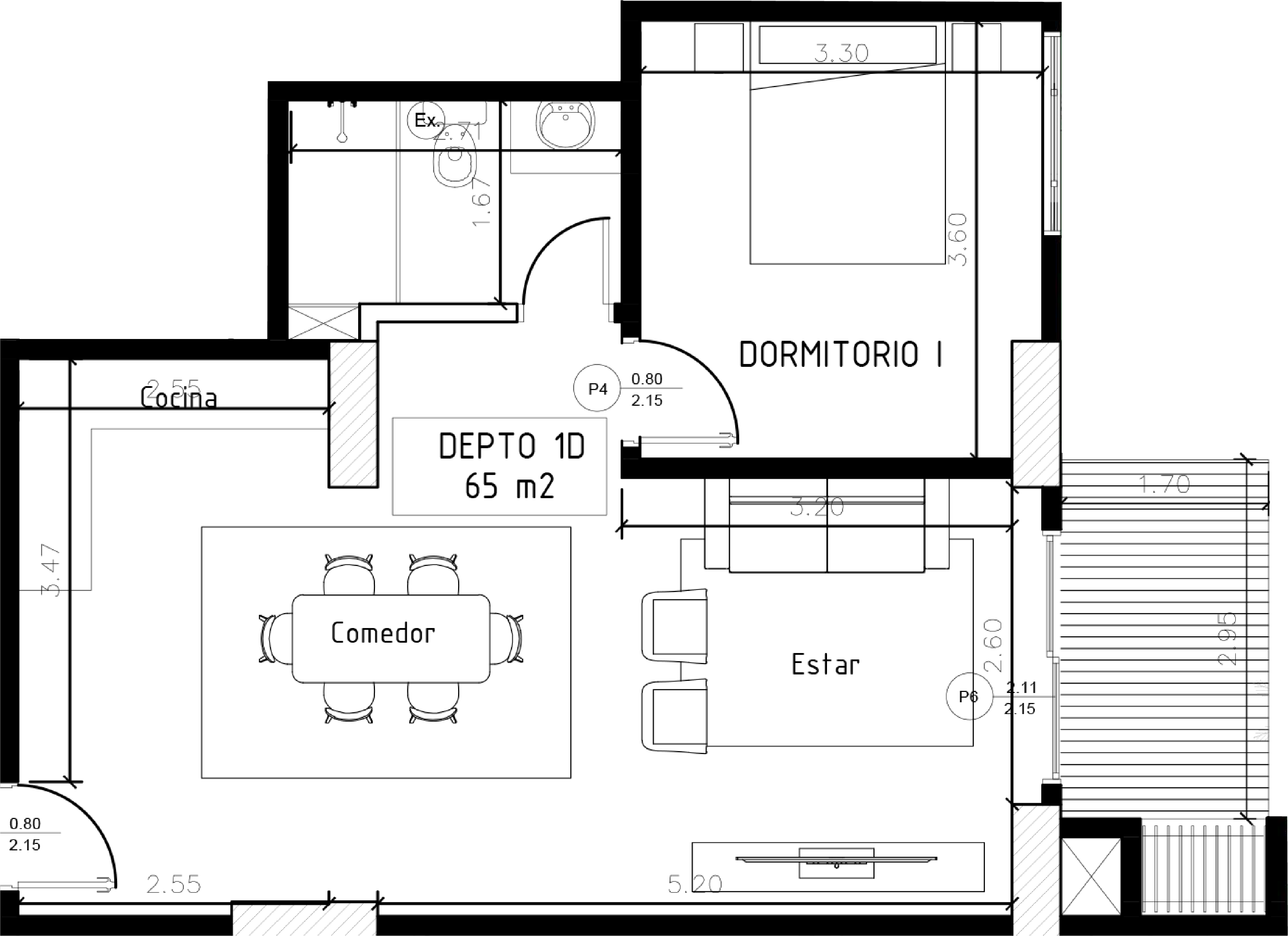 Plano de casa de una planta con tres dormitorios, dos baños, sala, comedor, cocina y cochera para dos autos.