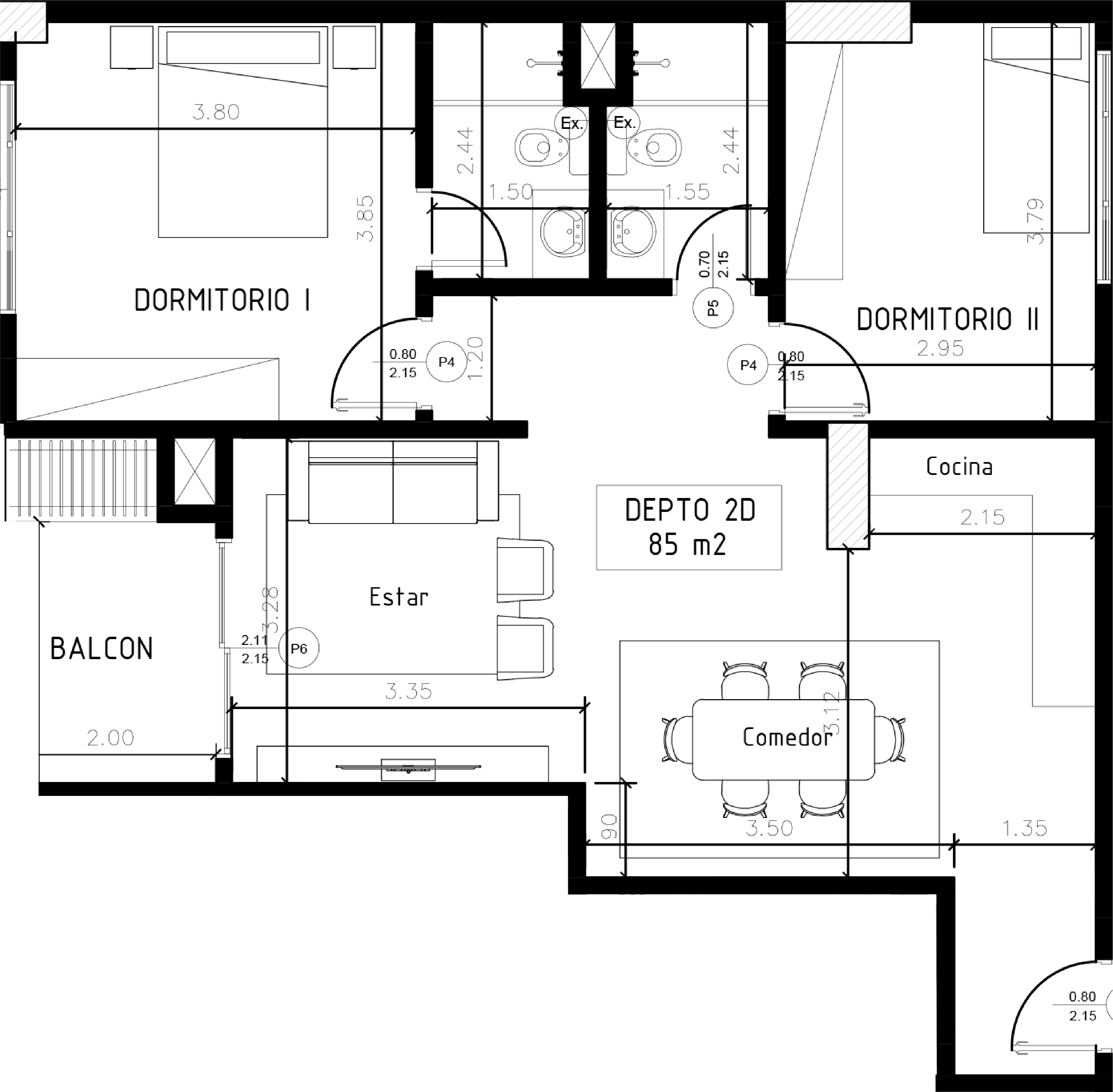 Plano de planta de una vivienda con sala, comedor, cocina, dos dormitorios y área de lavandería.