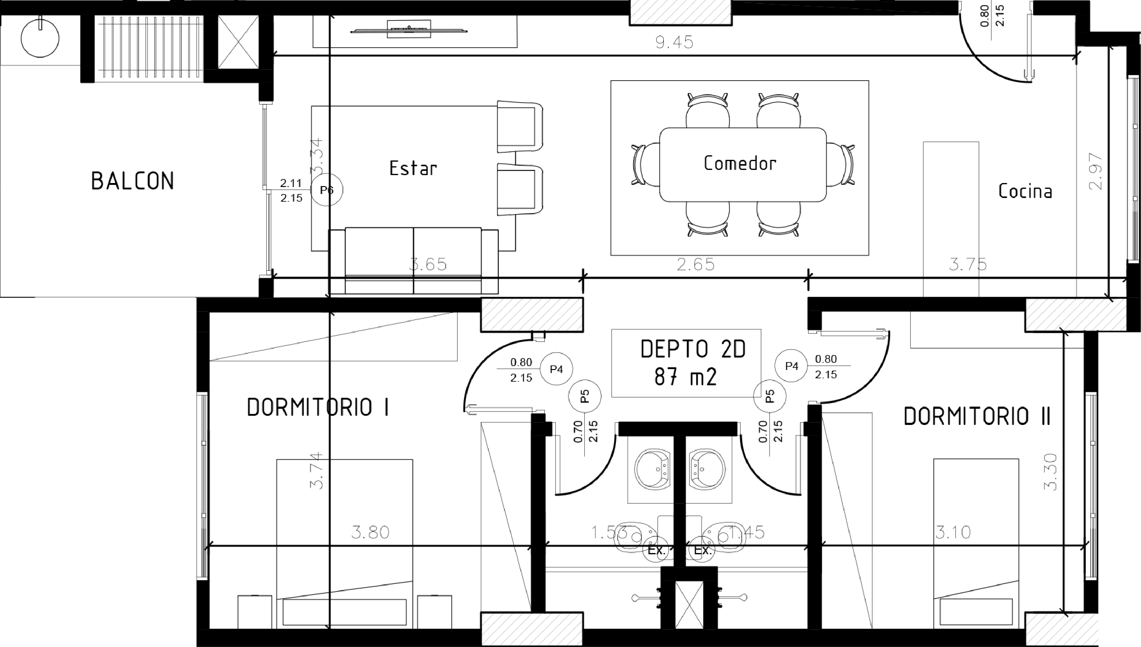 Plano arquitectónico en blanco y negro de una casa con cuatro dormitorios, dos baños, cocina, sala de estar y comedor.