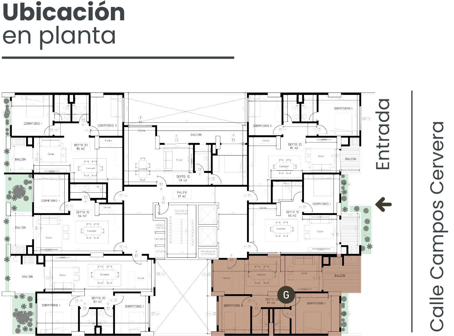 Plano arquitectónico de planta con departamentos etiquetados, áreas comunes y balcones, incluyendo entrada desde Calle Campos Cervera.