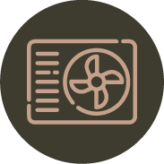 Icono de ventilador dentro de una unidad de aire acondicionado en fondo circular marrón.