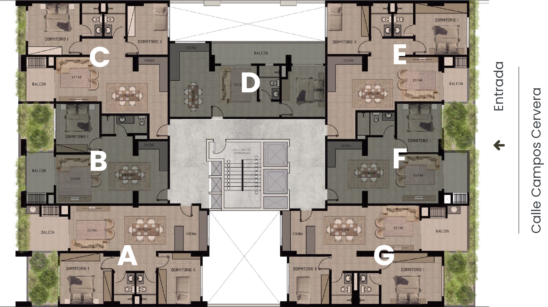 Plano general de siete departamentos etiquetados de la A a la G, cada uno con dormitorios, estar, comedor, cocina y balcón, con entrada por Calle Campos Cervera.