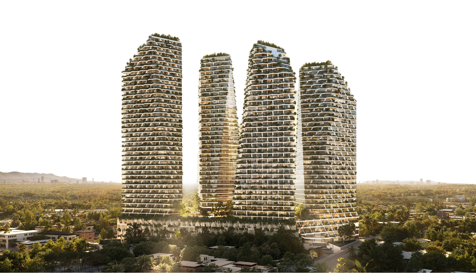 Complejo de cinco edificios altos con diseño arquitectónico moderno y terrazas verdes, rodeado de naturaleza y árboles.