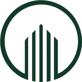 Ícono de edificio estilizado formado por cinco barras verticales dentro de un círculo.