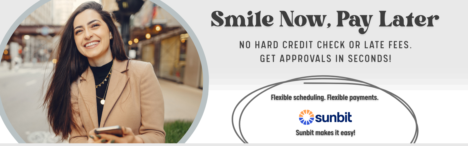 Smiling woman holding a phone outdoors beside text promoting Sunbit's flexible payment plans with no hard credit check or late fees.