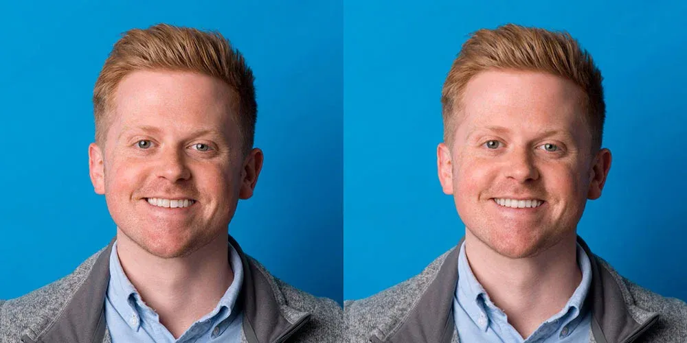 Side-by-side images of a smiling red-haired man in a blue shirt and gray jacket against a blue background.