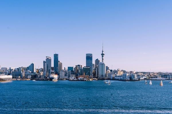 The Auckland CBD viewed across the waterfront from an elevated position.