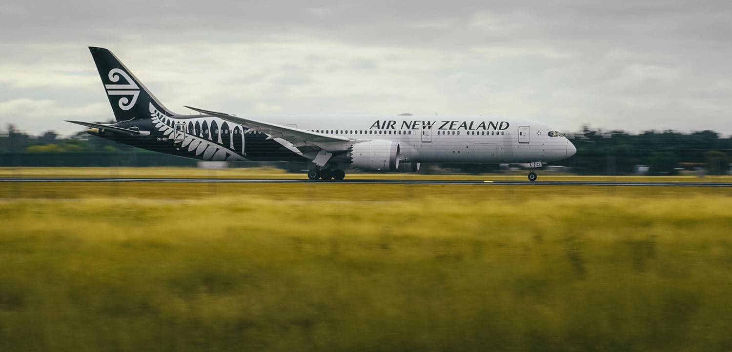 Air New Zealand airplane taxiing on a runway, with grassy field in the foreground and cloudy sky above.