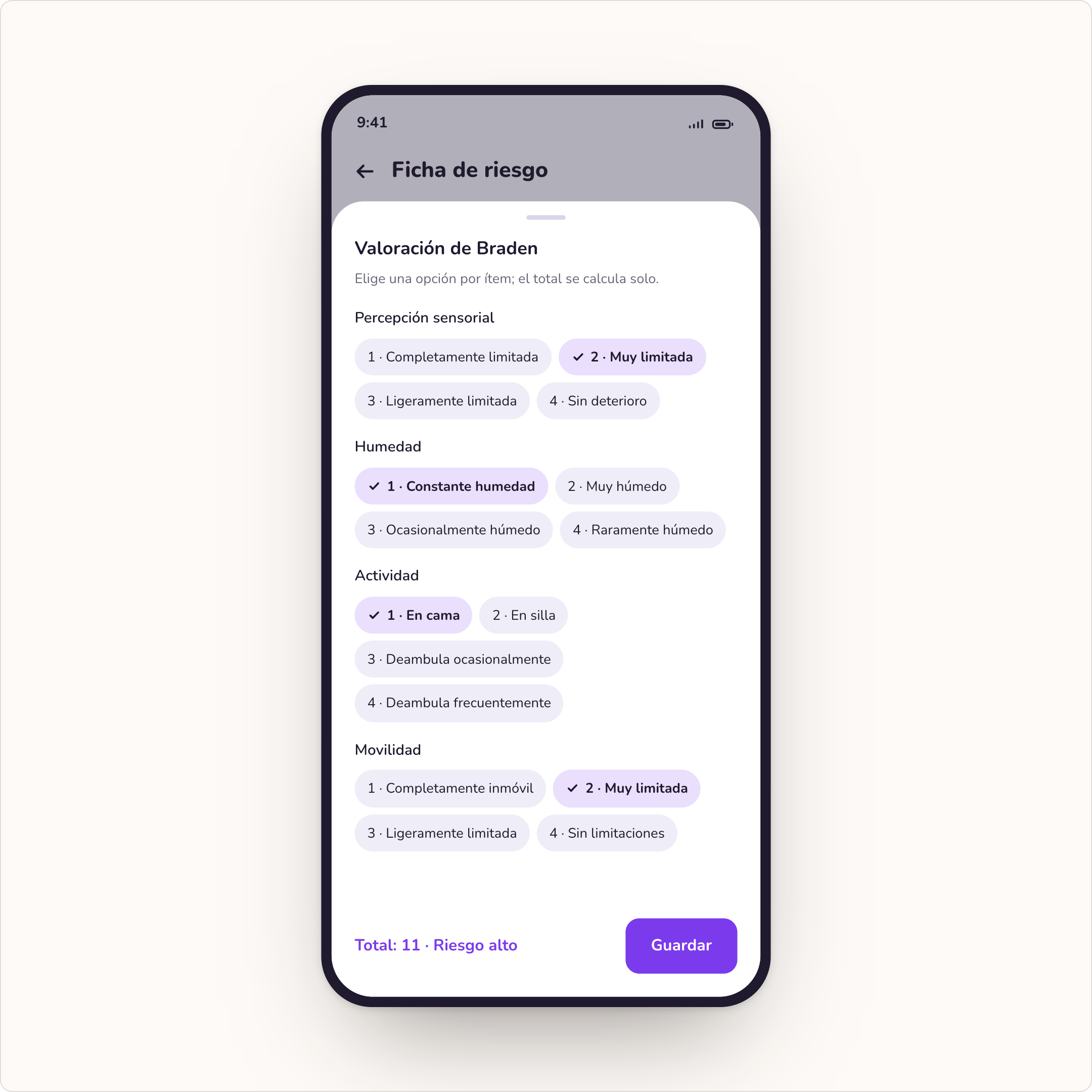 Valoración con escalas del especialista en la app móvil de KuraTracker