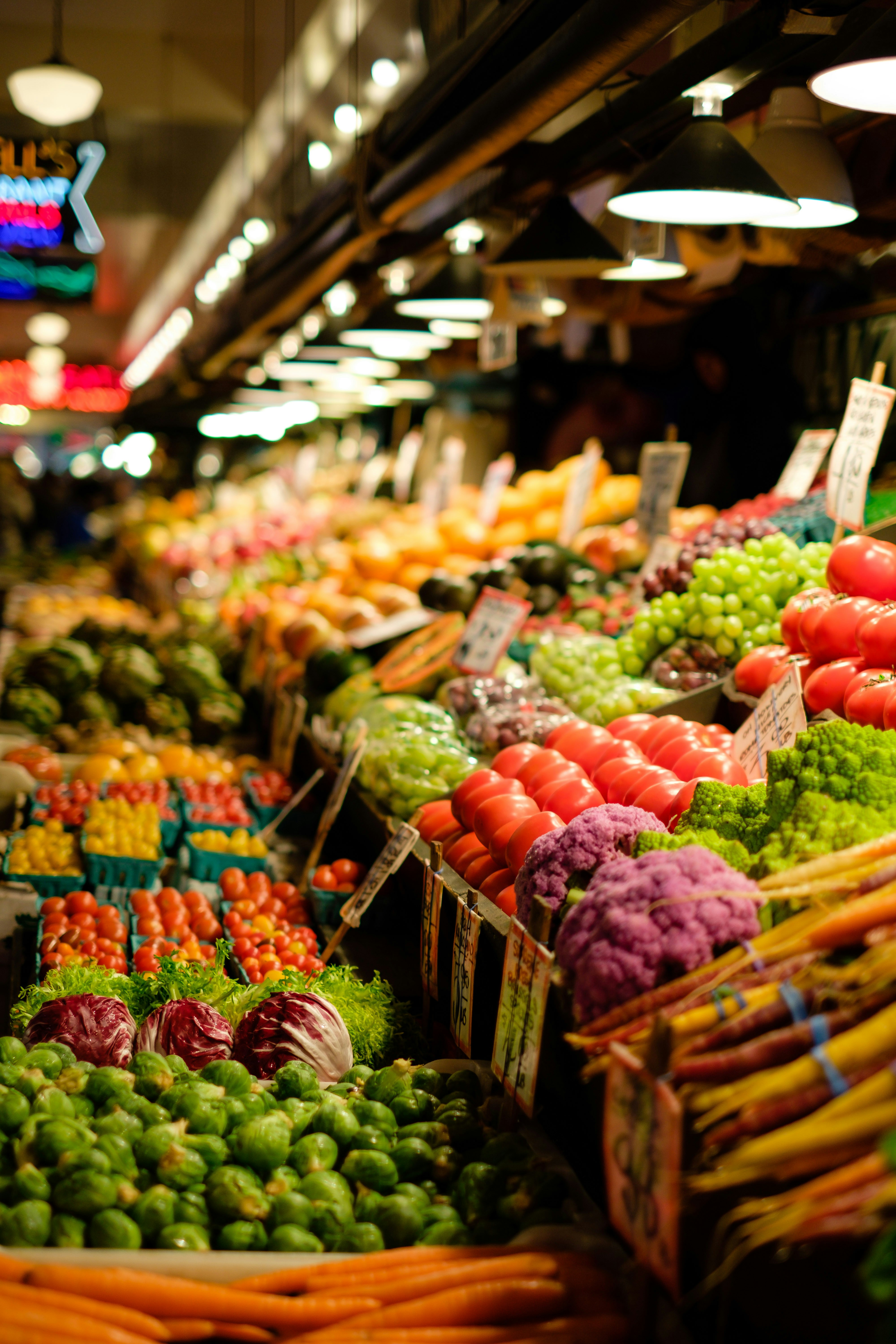 Colorful fresh produce display with fruits and vegetables at Cermak Fresh Market