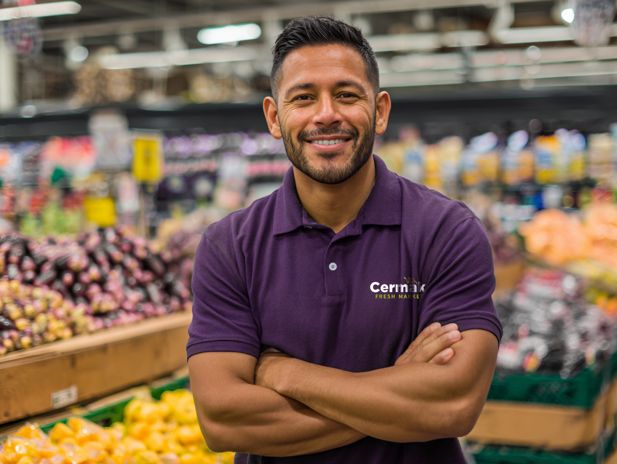 Smiling Cermak Fresh Market employee in purple branded polo shirt
