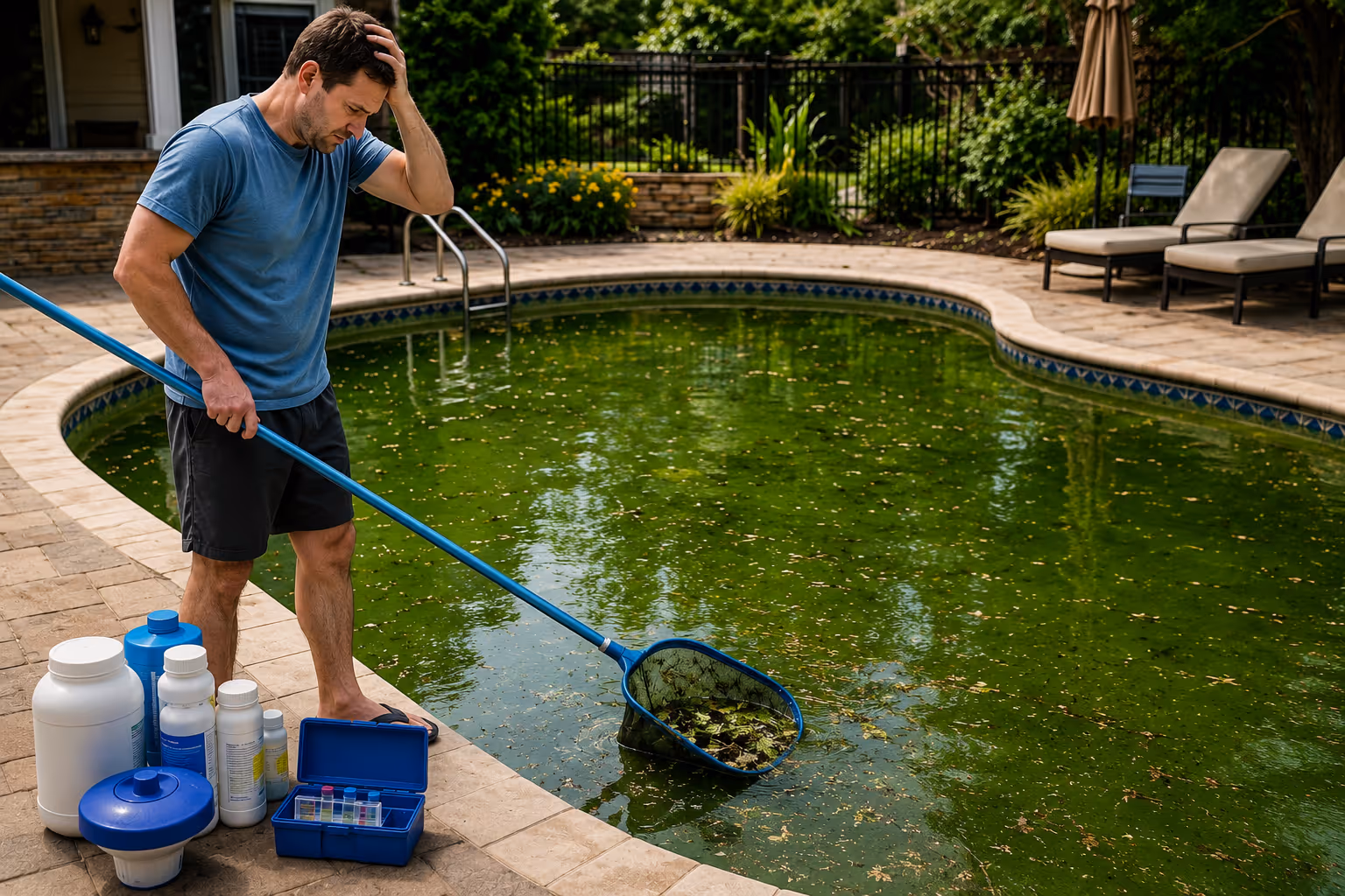 frustrated home owner staring at dirty pool